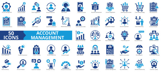Account management icon collection set. Containing client engagement, retention, sales support, verified, business presentation, contract negotiation, upselling icon. Simple flat vector illustration.