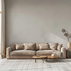 living room with sofa in front of the empty wall