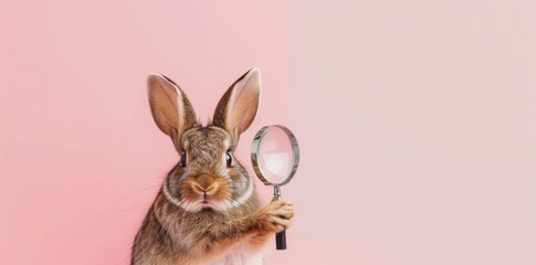 Curious rabbit examining itself with a magnifying glass on a pink background