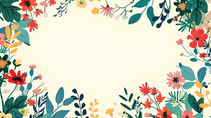 Obraz premium Colorful floral frame background vector illustration with white space in the center for text or design, colorful cartoon style