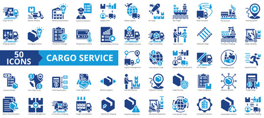 Cargo service icon collection set. Containing express delivery, warehousing, customs clearance, supply chain, global logistics, air cargo, sea freight icon. Simple flat vector illustration.