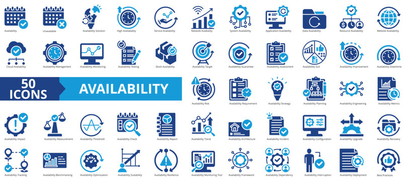 Availability icon collection set. Containing solution, service, network, system, application, data, resource icon. Simple flat vector illustration.