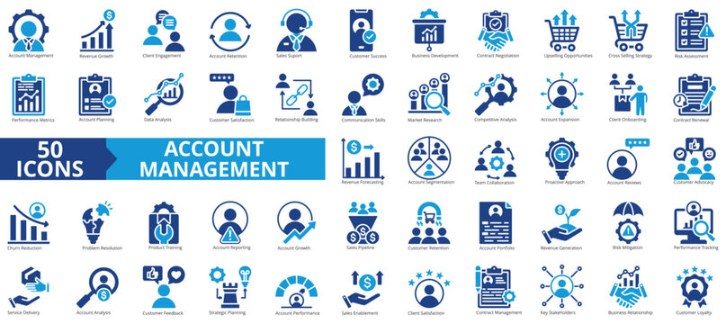 Account management icon collection set. Containing client engagement, retention, sales support, verified, business presentation, contract negotiation, upselling icon. Simple flat vector illustration.