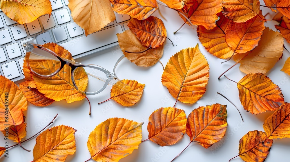 Wall mural feminine workspace,keyboard glasses fall leaves on white background home office desk table top view flat lay.image