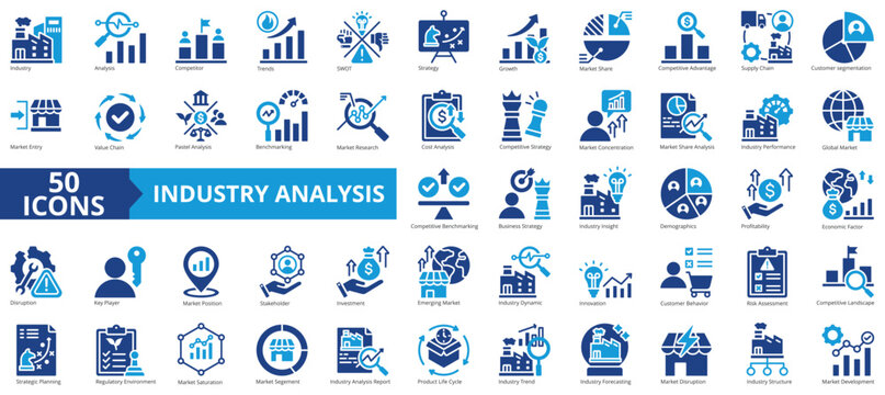 Industry analysis icon collection set. Containing competitor, trends, swot, strategy, growth, market share, competitive advantage icon. Simple flat vector.