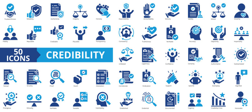 Credibility icon collection set. Containing trustworthiness, reliability, authenticity, integrity, honesty, dependability, accountability icon. Simple flat vector.