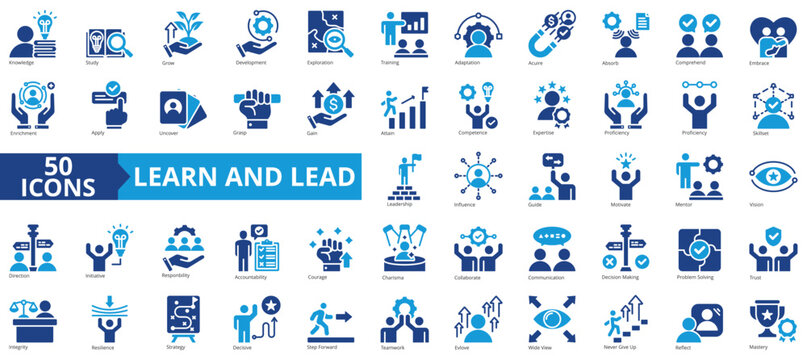 Learn and lead icon collection set. Containing knowledge, study, grow, development, exploration, training, adaptation icon. Simple flat vector illustration.