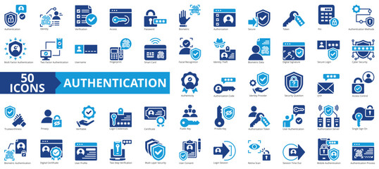 Authentication icon collection set. Containing identity, verification, access, password, biometric, authorization, secure icon. Simple flat vector illustration.