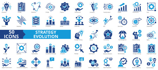 Strategy evolution icon collection set. Containing growth, transformation, adaptation, change, progress, development, innovation icon. Simple flat vector illustration.