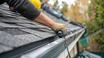man installing gutter system on roof generative ai