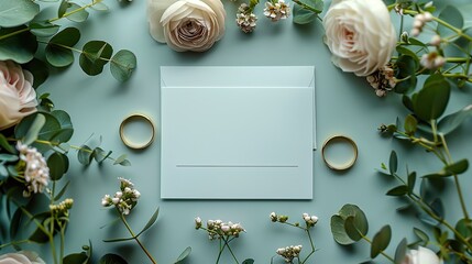 wedding flat lay composition,blank paper card wedding invitation mockup green envelopes gold rings wax seal stamp flowers on pastel green background.image