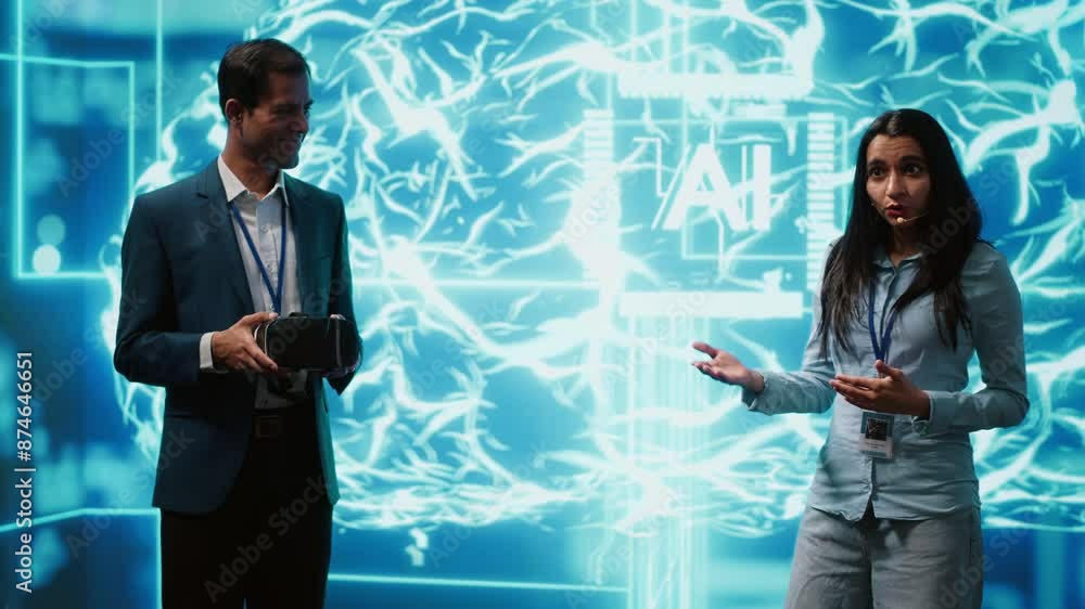Poster tech experts presenting vr headset and ai tech during summit presentation, exploring successful impl