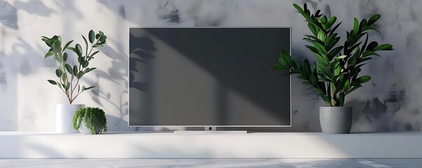 Modern Minimalist Living Room with TV and Plants Illustration