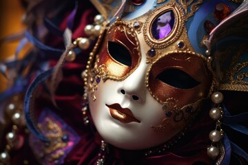 Close-up of an ornate venetian mask adorned with pearls, jewels, and intricate designs