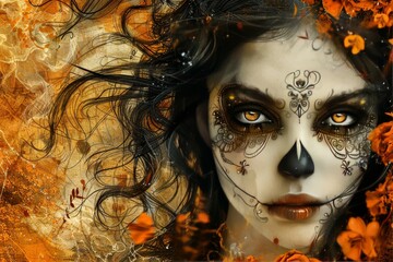 Mysterious woman with detailed Day of the Dead makeup, blending traditional and modern artistic elements