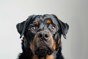 Obraz premium Portrait of alert rottweiler dog gazing at the camera against a white background for animalrelated designs and projects