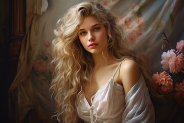 Captivating portrait of a woman with flowing locks bathed in soft light, exuding elegance