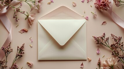 open craft paper envelope,invitation card mockup ribbon dried flowers decoration on beige background wedding invite design.image