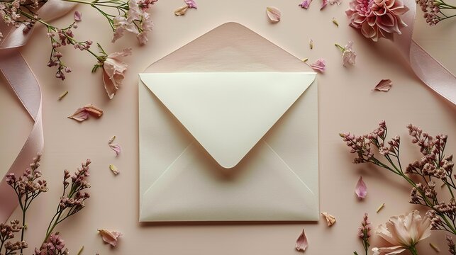 open craft paper envelope,invitation card mockup ribbon dried flowers decoration on beige background wedding invite design.image