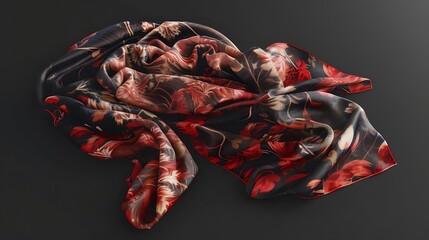 Red and Black Floral Pattern Silk Scarf Illustration