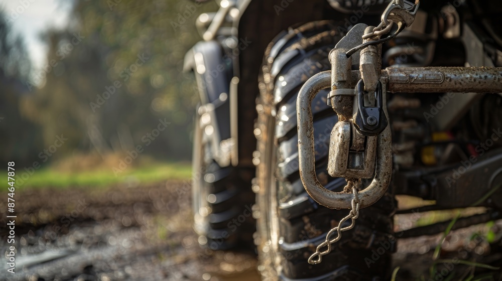 Poster closeup of a tow hook on the back of a quad bike exhibiting a simple but secure design with a durabl