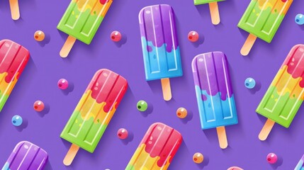 Vibrant array of colorful popsicles and assorted candies on purple background for a sweet summer treat display