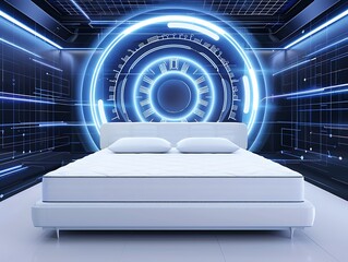 Fototapeta premium A firm mattress illustration with a high-tech, futuristic background. Ample copy space for text, deep depth of field, and no dust