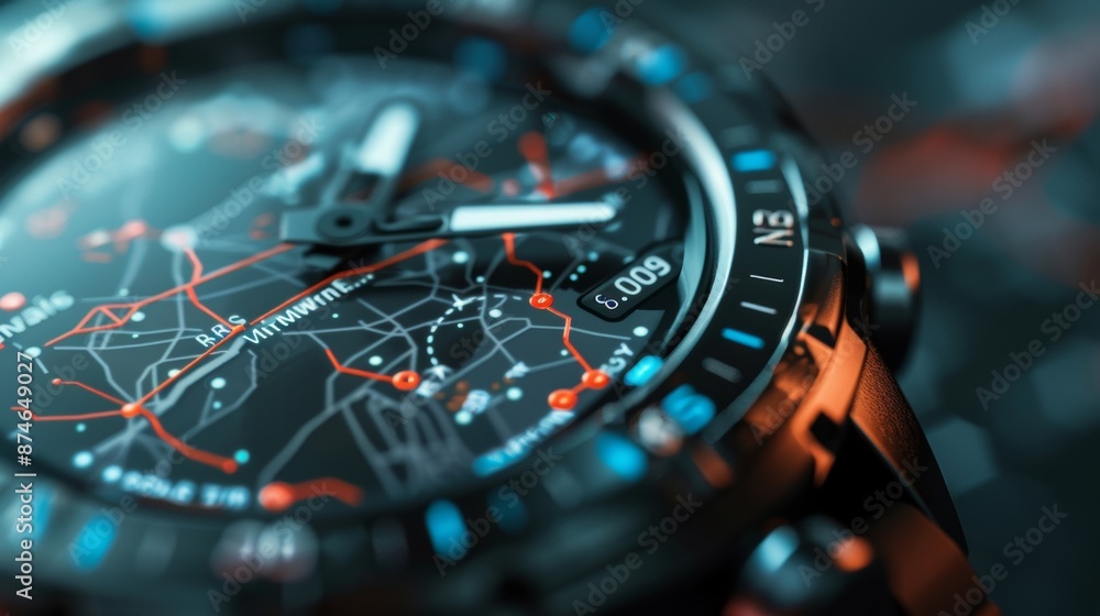 Poster a detailed view of the watch face of a fitness tracker reveals a gps mapping feature allowing users 