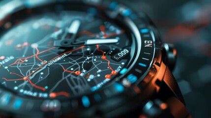 A detailed view of the watch face of a fitness tracker reveals a GPS mapping feature allowing users to track and save their running routes and distance covered.