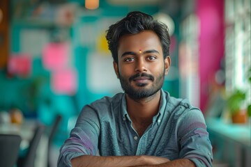 Obraz premium Indian Businessman in Vibrant Neon Office