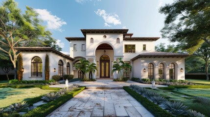 Fototapeta premium A large white house with a large front door and arched windows. Generate AI image