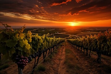 Naklejka premium Golden hour sunset over picturesque vineyard landscape with grapevines, serene nature, and panoramic fields in a scenic rural countryside, highlighting the beauty of viticulture and winemaking