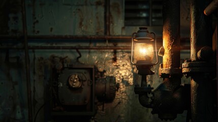 A single light flickers in the darkness casting eerie shadows on the rusty machinery within the abandoned factory.