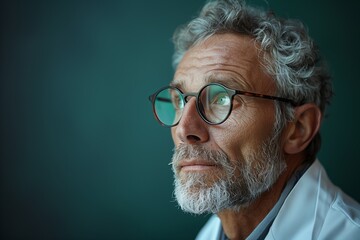 Obraz premium Inquisitive Scientist in Lab Coat Examining Object with Gray Hair and Glasses