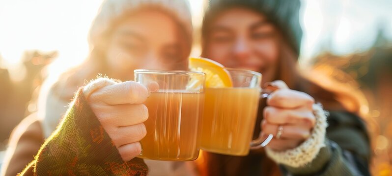 Women enjoying hot drinks outdoors in winter sunlight. Concept of friends, warmth, outdoor leisure, cold season refreshment