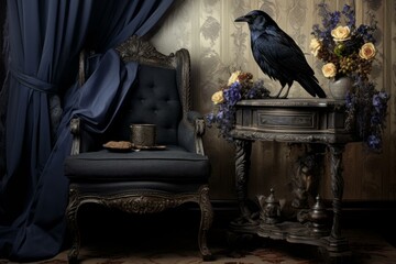 Glossy raven perches in a classic room with antique furniture and drapery, adding a gothic touch