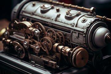 Close-up of an intricately designed antique mechanical engine showcasing gears and cogs