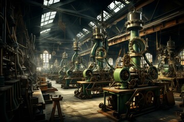 Fototapeta premium Atmospheric vintage industrial workshop interior with dimly lit, eerie shadows and historic manufacturing equipment, showcasing the craftsmanship of bygone eras in a rustic, grunge-filled setting