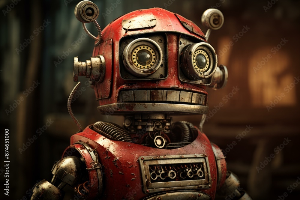 Aufkleber close-up of a classic red robot with a retro design in a moody, atmospheric backdrop