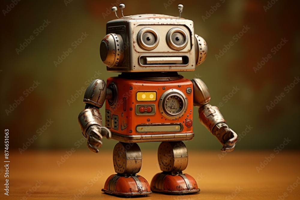 Aufkleber nostalgic retro-styled toy robot stands with character against a soft-focus warm-toned backdrop
