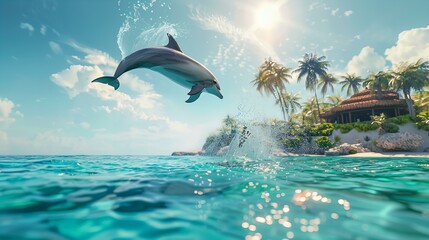 Fototapeta premium A playful dolphin leaping out of the crystal-clear blue ocean, creating a splash, with a tropical island and a clear, sunny sky in the background