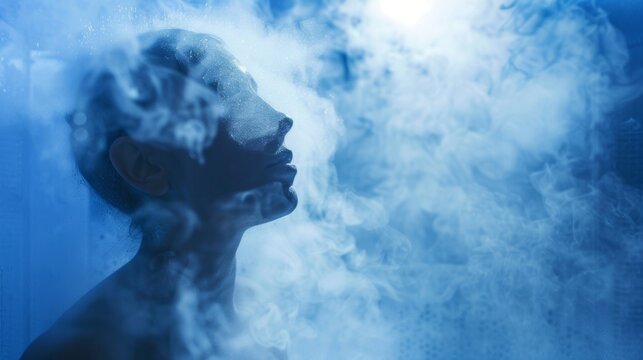 The air inside the cryotherapy chamber is filled with a wintry chill as a person stands tall feeling the rejuvenating effects of the cold mist on their skin.
