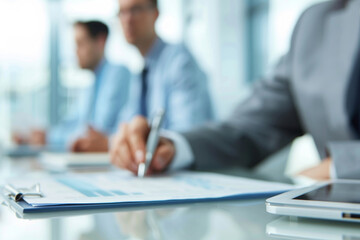 Obraz premium Business consultants analyzing water conservation data and strategies in a high-tech corporate environment, planning for long-term sustainability. Green solutions. Corporate responsibility practices.