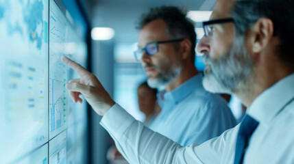 Corporate executives discussing the integration of water-efficient technologies in their facilities, highlighting blueprints and water management plans on digital displays