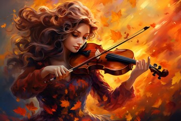 Fototapeta premium Surreal illustration of a woman playing violin surrounded by vibrant fall foliage