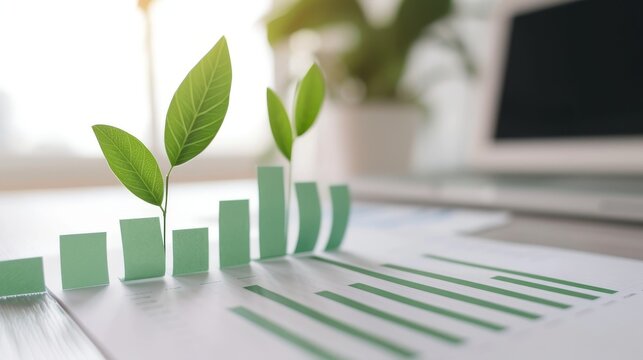 Financial report with green bar graphs and leaves, sustainable economy, green finance