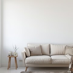 beige sofa in a room in front of the empty wall
