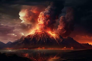 Dramatic landscape with an active volcano erupting, ash plume, and molten lava under a twilight sky