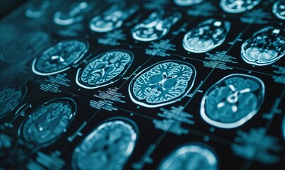 Multiple MRI brain scans showing different angles and sections. Medical imaging for neurology, brain health, and disease diagnosis.