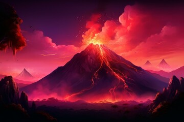 Digital illustration of a vibrant volcano erupting with fiery lava at sunset amidst a dramatic landscape